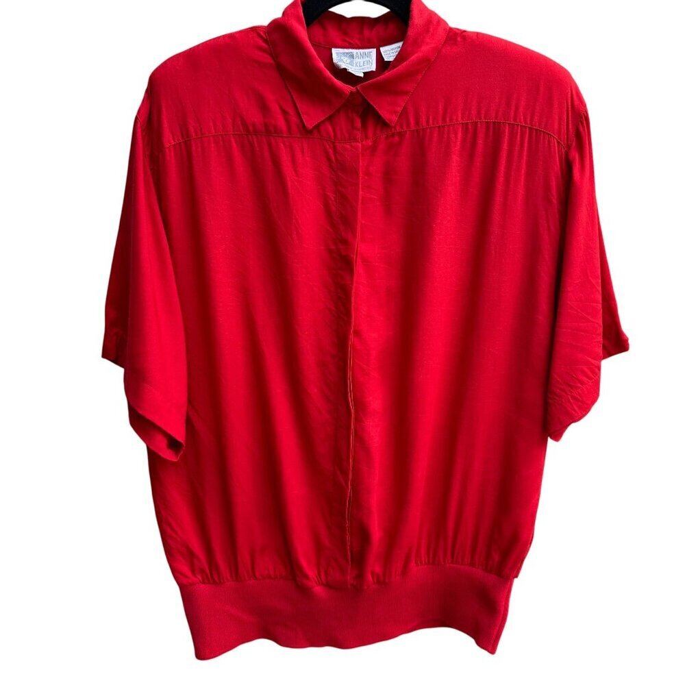Anne Klein Vintage 80s Womens Red‎ Short Sleeve Band Waist Pullover Blouse 16